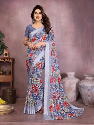 Moda Rapido Embellished, Floral Print Bollywood Georgette, Satin Saree(Grey)