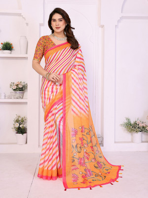 Moda Rapido Striped Bollywood Cotton Blend Saree(Orange)