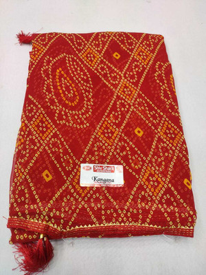 Shiv Shakti Floral Print Bandhani Polyester Saree(Red)