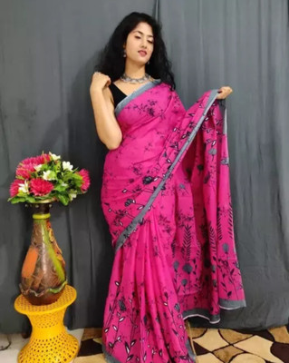 SUNDREESAREE Blocked Printed, Color Block, Floral Print, Printed Daily Wear Pure Cotton Saree(Pink)