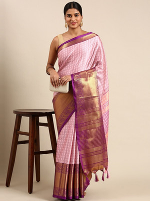 HouseOfCommon Woven, Checkered, Embellished, Self Design Narayanpet Jacquard, Cotton Silk Saree(Pink, Purple)