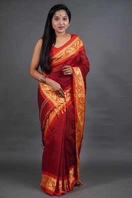 cloud vastra Woven Handloom Cotton Silk Saree(Maroon)
