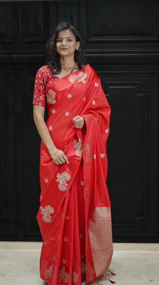 Dridh Textiles Floral Print Banarasi Silk Blend Saree(Red)