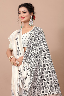 THE PRIVATE LABLE Embroidered Mysore Linen Saree(White, Black)