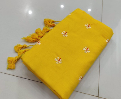 TutunDebnath Embroidered Handloom Cotton Blend Saree(Yellow)