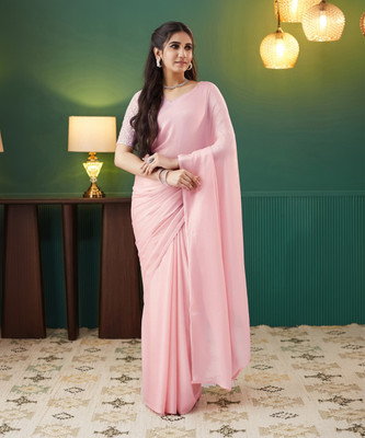 SIRIL Solid/Plain Bollywood Georgette Saree(Pink)