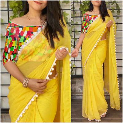 Sareez House Solid/Plain Bollywood Chiffon Saree(Yellow)