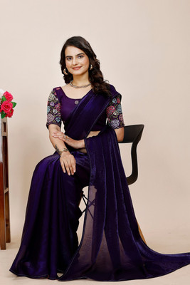 ShiniTrendz Embroidered, Solid/Plain Bollywood Satin Saree(Purple)
