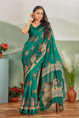 Dharmata Enterprise Digital Print Daily Wear Satin Saree(Dark Green)