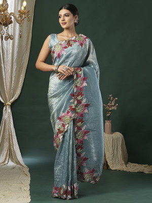 Tasrika Embroidered Bollywood Organza Saree(Light Blue)