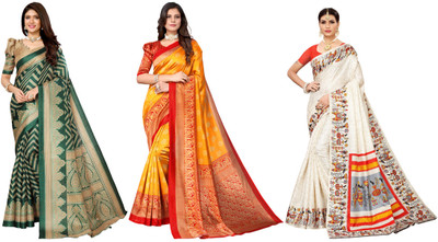 YASHIKA Printed Mysore Art Silk Saree(Pack of 3, Dark Green, Yellow, Cream)