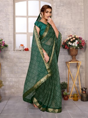 YASHIKA Printed Bollywood Georgette, Lace Saree(Green)