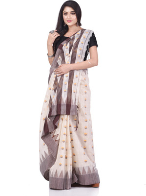 Desh Bidesh Printed Tant Pure Cotton Saree(White, Brown)