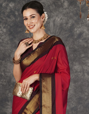 Samah Woven, Embellished, Self Design Banarasi Silk Blend, Jacquard Saree(Red, Maroon)