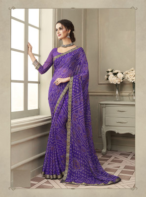 JustEthnic Geometric Print Bandhani Chiffon Saree(Purple)