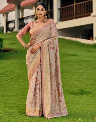 HouseOfCommon Floral Print Bhagalpuri Cotton Silk Saree(Beige)