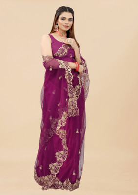 Barkiya Creation Embroidered Bollywood Net Saree(Purple)