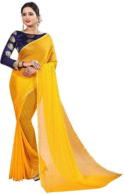 Desi Style Embellished Bollywood Net, Chiffon Saree(Yellow)