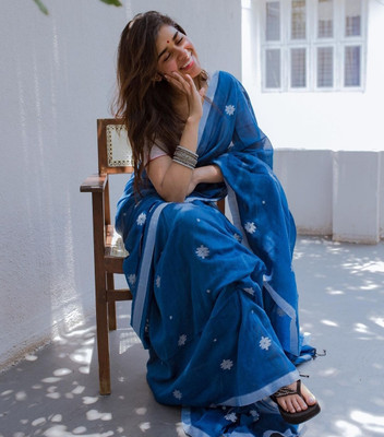 sourav biswas Woven Handloom Pure Cotton Saree(Dark Blue)