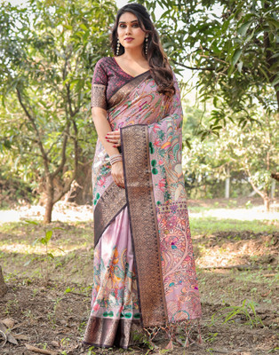 Satrani Printed, Woven, Embellished Kalamkari Tussar Silk Saree(Pink, Multicolor)
