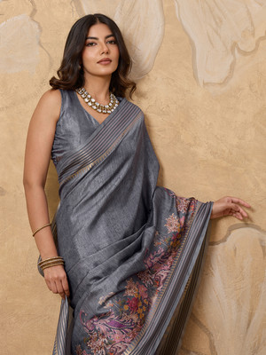 Tasrika Printed, Woven Ikkat Tussar Silk Saree(Grey)