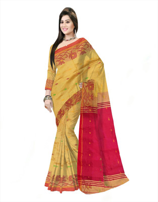 Pradip Fabrics Woven Tant Silk Blend Saree(Red, Cream)