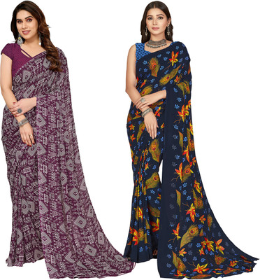 kashvi sarees Floral Print, Polka Print, Ombre, Printed Bollywood Georgette Saree(Pack of 2, Dark Blue, Purple)
