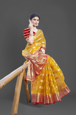 Aarunika MNT Solid/Plain Bollywood Organza Saree(Yellow)