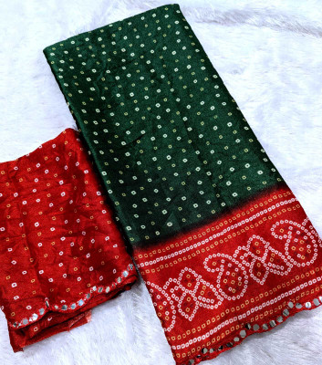 VD PRINTS Printed Bandhani Silk Blend Saree(Green, Red)