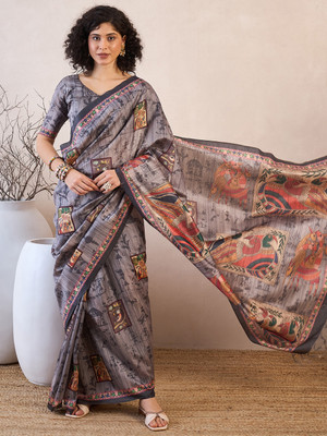 Divastri Printed Baluchari Silk Blend Saree(Grey)