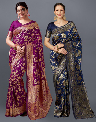 Samah Woven, Embellished Banarasi Silk Blend, Jacquard Saree(Pack of 2, Magenta, Dark Blue)