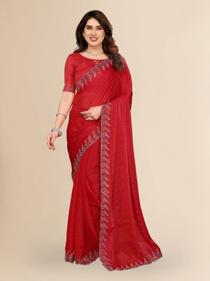 Moda Rapido Embellished, Self Design, Solid/Plain Bollywood Chiffon Saree(Red)