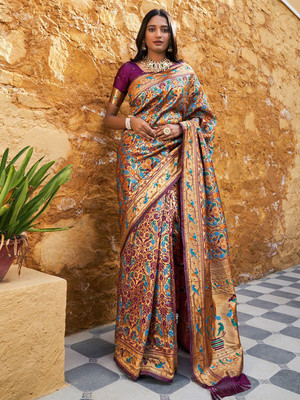 Janasya Woven Paithani Silk Blend Saree(Purple)