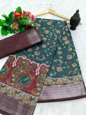 HouseOfCommon Woven Kanjivaram Linen, Cotton Linen Saree(Green)