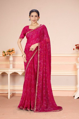 rudraCreation Printed Bandhani Georgette Saree(Pink)