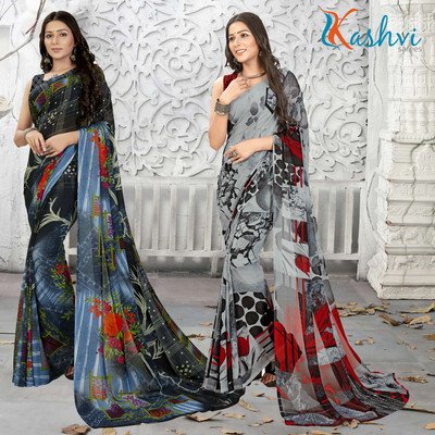 kashvi sarees Printed Daily Wear Georgette Saree(Pack of 2, Grey, Black, Multicolor)