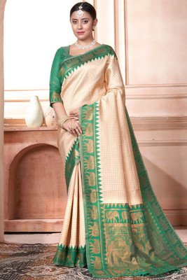 ROOP LAVANYA Woven Kanjivaram Jacquard, Art Silk Saree(Cream, Light Green)