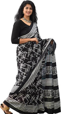 Kiaaron Printed Daily Wear Pure Cotton Saree(Black)