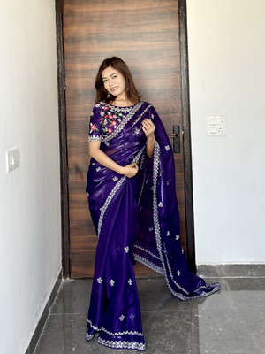 Tasrika Embroidered Bollywood Silk Blend Saree(Blue)