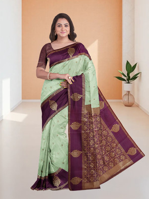 Ramraj Cotton Printed Saree with Attached Blouse Art Silk Saree(Green)
