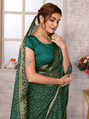 YASHIKA Printed Bandhani Georgette, Lace Saree(Green)