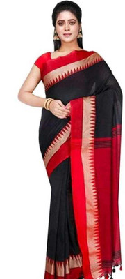 Parbati fashion Self Design Tant Pure Cotton Saree(Black, Red)