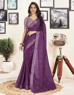 Samah Printed, Embellished, Striped Jamdani Cotton Blend Saree(Purple)