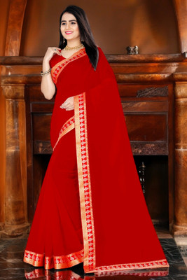 Volmina Solid/Plain Chanderi Cotton Blend Saree(Red)