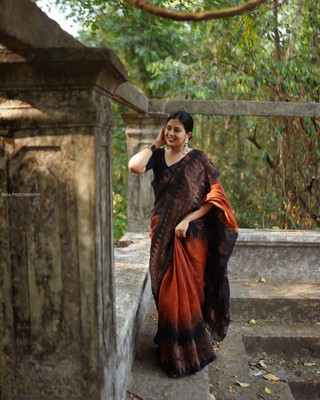 Rudr Venture Self Design Banarasi Cotton Silk Saree(Orange)