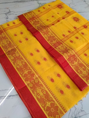 Piyafashion Self Design Tant Pure Cotton Saree(Yellow)