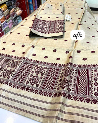 Ramani brothers Woven Mekhela Chador Pure Silk Saree(Cream)