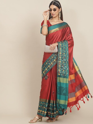 Divastri Printed Bandhani Cotton Silk Saree(Red, Light Blue)