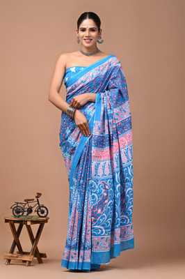 MANIHARI Printed Daily Wear Pure Cotton Saree(Light Blue)