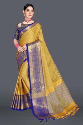 The Style Sanctuary Woven, Geometric Print, Floral Print, Self Design Bollywood Cotton Silk Saree(Yellow, Blue)